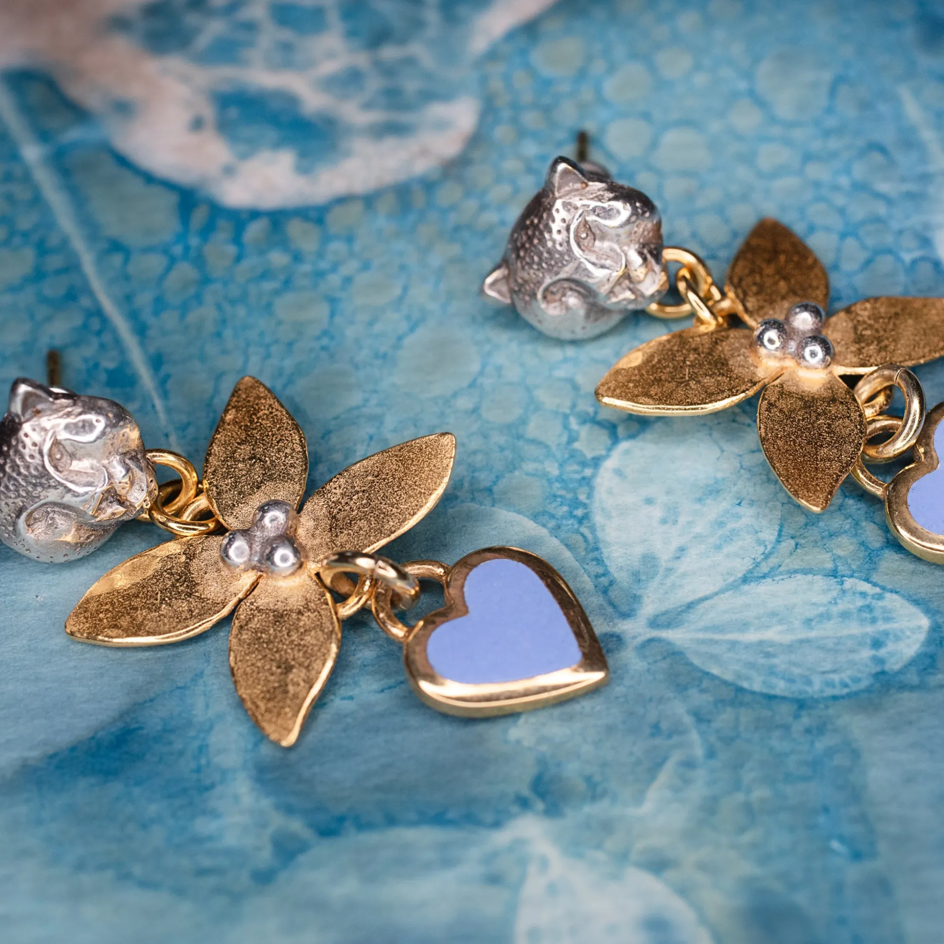 Forest Earrings With Cornflower Blue Enamel Hearts
