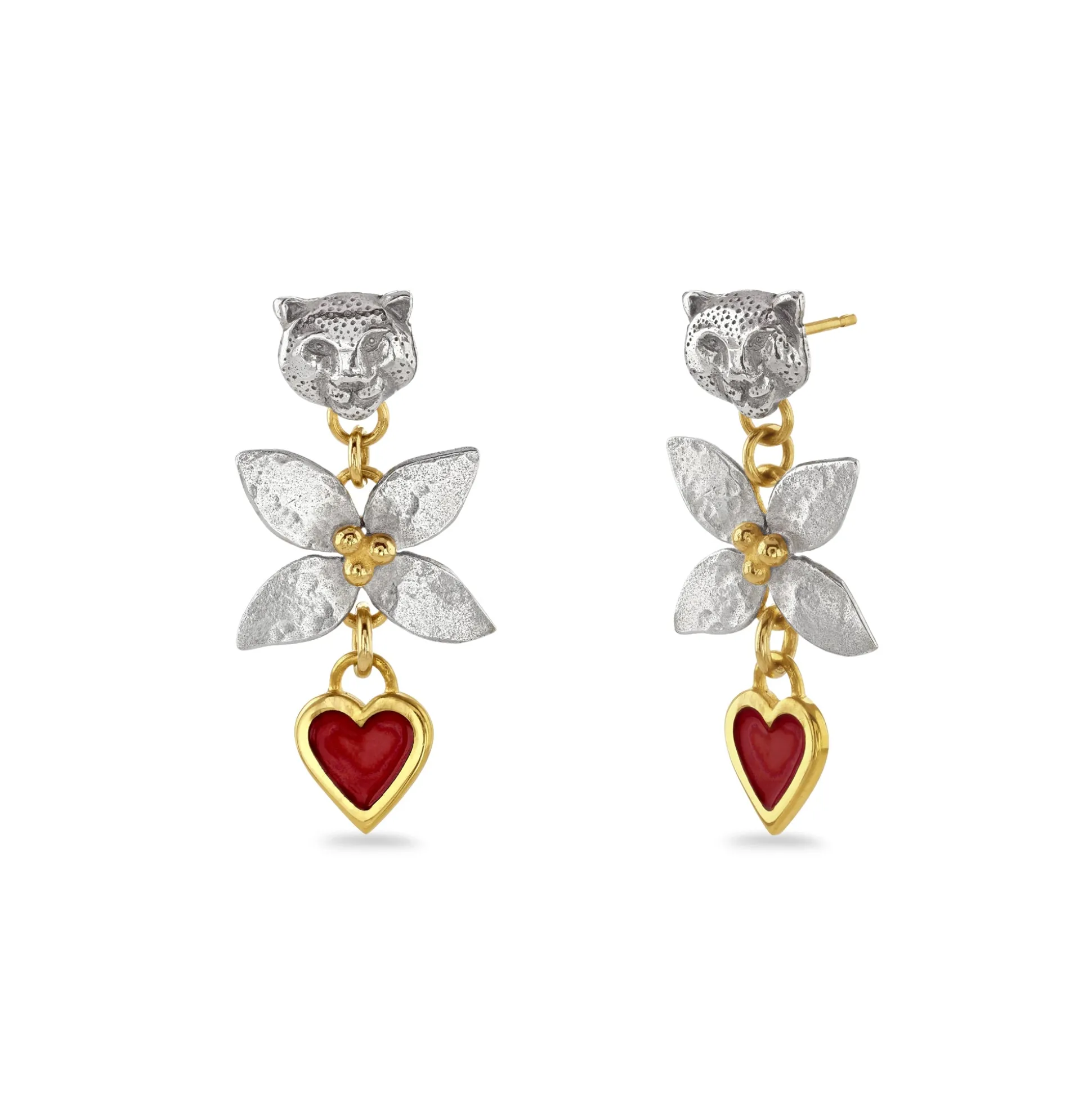 Forest Earrings With Red Enamel Hearts