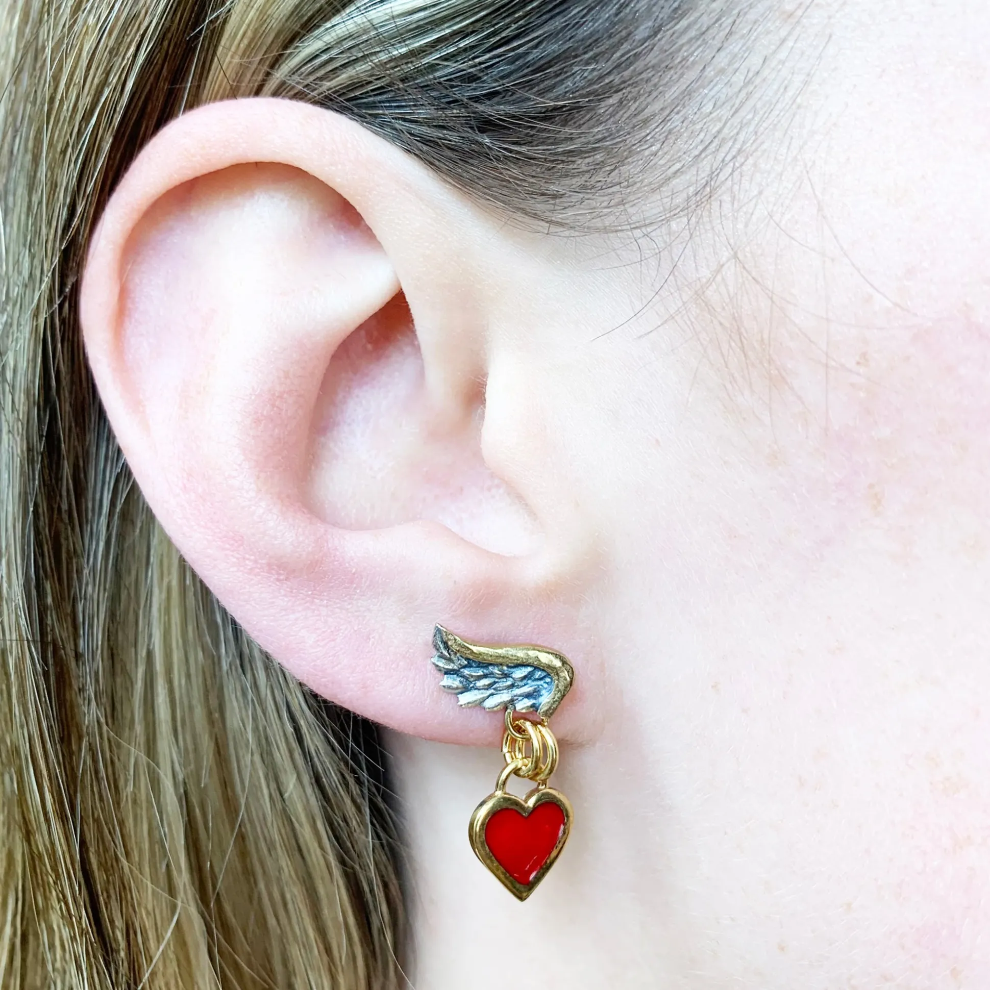 Venetian Wing & Enamel heart Drop Earrings